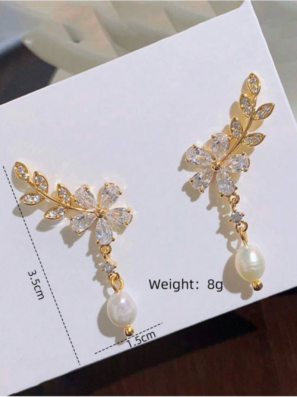 Gold Floral Crystal Drop Earrings with Pearl Accent - Women Jewelry - Picture 3 of 3